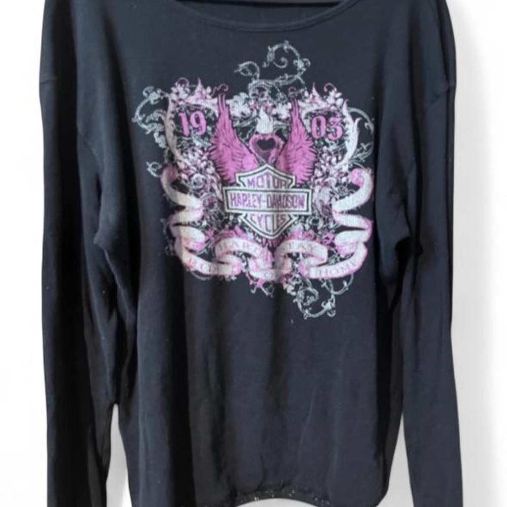 Harley Davidson Womens XL Long Sleeve Shirt Pink Wings Black Biker Y2K Las Vegas